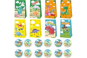AWONLATE Bolsas de Papel de Dinosaurio, 24Pcs Bolsas Cumpleaños Infantil, Bolsa de Regalo de Cumpleaños con 24 Pegatinas de Dinosaurios, Bolsa de Regalo Papel Kraft, para Fiestas, Navidad