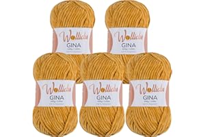 ‎WOLLIDU Wollidu Gina Chenille Garn zum Stricken und Häkeln 5 x 100g/120m Set 100% Polyester - Senfgelb
