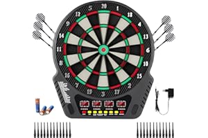 ELOKLEM FB-32 Cible de fléchettes électronique Professionnelle avec 4 écrans LCD et 6 fléchettes et 24 têtes de flèches 27 Jeux avec 243 Options de Jeu pour 16 Joueurs
