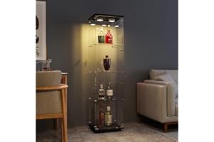 ‎FANYUSHOW FANYUSHOW Glasvitrine, Schwarze Vertikale Vitrine, Moderne Glas-Holzvitrine, 4-stufige Glasvitrine für Sammlerstücke, Bücher, Wein, Büro, Wohnzimmer, Küche, 164 x 42,5 x 36,5 cm mit Licht