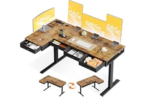 OffiGo Standing Desk, 160x80cm Corner Electric Desk with 4 Drawers, Large L Shaped Table with Socket, Height Adjustable Rising Table with Storage for Sit Stand Home Office Workstation, Rustic Brown