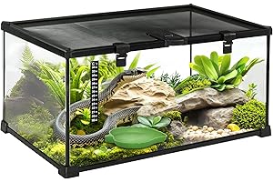 PawHut Terrarium für Reptilien Reptile Fütterungsbox Glasterrarium Amphibien Spinnentiere mit Thermometer Reptilienzuchtbox Metall Schwarz 50 x 30 x 25 cm