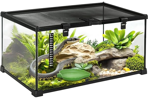 PawHut Boîte à Reptiles boîte d'élevage de Reptiles Habitat de Terrarium Transparent Couvercle Coulissant Treillis métallique Distributeur d'eau thermomètre Inclus Verre métal 50x30x25 cm Noir