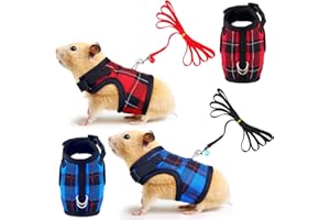 WEEWOODAY 2 Pieces Guinea Pig Harness and Leash Soft Plaid Small Pet Harness with Safety Bell Adjustable No Pulling Comfort Padded Walking Vest for Ferret Chinchilla and Similar Small Animals (S)
