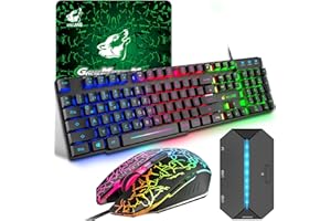 ZIYOU LANG Zestaw klawiatury i myszy do gier z adapterem, układ niemiecki QWERTZ, kolorowe oświetlenie, 6 przycisków, mysz i podkładka pod mysz 2400 DPI, przewodowa USB, ergonomiczny design, kompatybilny z PS4