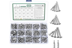 YOUYIDUN 400 Pcs M3 M3.5 M4 Self Tapping Screws, Stainless Steel Flat Head Screws, Hex Socket Head Countersunk Screws, Wood Screws Assortment Set for Home Repair Woodworking, with 2 Bits