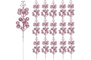 KKSTY Pack of 16 Christmas Glitter Berry Stem, Artificial Berry Picks Holly Berries Branches for Christmas Tree Decoration Wreath Making Supplies DIY Crafts Holiday Season Winter Home Decor (Pink)
