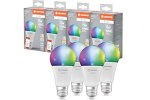 ‎LEDVANCE LEDVANCE Lampa LED SMART+ MATTER, kompatybilna z Google, Alexa, Apple, biała matowa, 9,5 W, 1055 lm, trzonek E27, światło kolorowe i białe, sterowanie aplikacją lub głosem, 20 000 godzin,pakiet 4