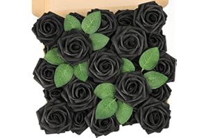 N&T NIETING Lot de 25 Roses artificielles au Toucher réaliste avec tiges pour Bouquets de Mariage, Saint-Valentin, fête des mères, fête prénatale, décoration d'intérieur (Noir)