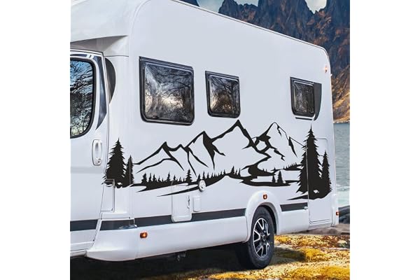 Sticker Montagnes Sapin Déco - Kit stickers Van Life - Autocollant voiture moto camping car - Stickers Montagne camping car - Pack de 2 unités (30x11 cm, Noir)
