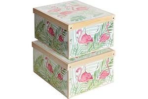 LAVATELLI Kanguru SET 2 Cajas organizadoras de almacenamiento ropa, almacenaje decorativas en carton, 39x50x24cm, para armario, baul, bolsas, ropa, juguetes, jardineria, con tapa, FLAMENCOS