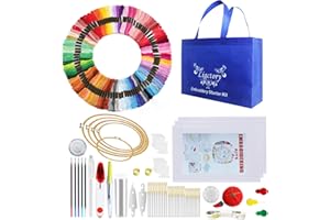 LIGCTORY 220 PCS Embroidery Kit with Instructions, 5 Bamboo Embroidery Hoops, 100 Colored Embroidery Threads, 3 Aida Cloth; Cross Stitch Tool Kit for Adults, Kids and Beginners; Home Decoration and DIY