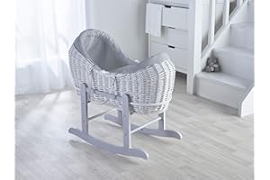 ELEGANT BABY Kinder Valley Baby Moses Basket with Deluxe Grey Rocking Stand - Grey Cotton Waffle White Wicker Noah Pod Moses Basket, Fibre Mattress & Padded Liner | (Gift for Newborn Baby Girls & Boys)