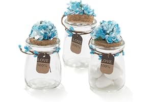 C.X.Y. 20 Pezzi Barattolo Vetro Con Tappo In Sughero Porta confetti Bomboniera Incluso Decorazione Fatto A Mano Fiore pistilli Etichetta Tema Naturale (BLU)