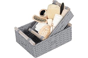 YheenLf Cesta Portaoggetti, 2er Set Cestini Decorativo Intrecciato, Cestino in Vimini, Contenitore Impilabile per Salotto, Camera da Letto, Bagno, 30x20x12cm/25x15x10cm, Grigio