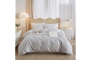 LifeTB Vintage Style Cotton Floral Duvet Cover Queen Boho Blue Floral Bedding Set Chic Shabby Aesthetic Floral Comforter Cover Soft Botanical Bedding Set 1 Queen Duvet Cover 2 Pillow Shams