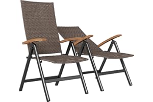 Outsunny Folding Garden Chairs Set of 2, 5-level Reclining PE Rattan Garden Dining Chairs with Wood Armrests, High Back and Steel Frame for Outdoor, Patio, Terrace, Porch, Brown