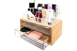 BESCH Organizador Cométicos de Acrílico Transparente y Bambú con 2 Cajones - Caja Almacenamiento para Maquillaje