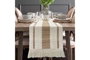 VAKOWOO Table Runner Macrame, Cream Beige Table Runner with Tassels 180cm Long, Cotton and Burlap Splicing Table Runners for Bohemian, Decorate for Bedroom, Cabinet, Wedding, Banquet