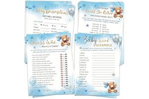 HOMANGA Baby Shower Games for Boy Girl, 4 Fun Games for 25 Guests, Who Knows Mommy Best, Guess Who Mommy or Daddy, Word Scramble, Baby-descriptions & Well Wishes, Blue Bear Baby Showers Decorations