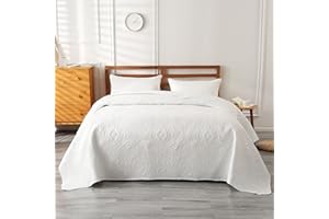 Qucover Quilted Bedspreads Coverlets Sets King Size 220x240cm White Bed Throw Soft Lightweight Reversible Quilt Blanket Microfiber Bedding Set with 2 Pillowcases for All Season