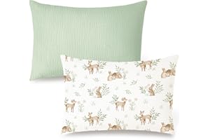 Konssy Muslin Pillow Case for Toddler 13 x 18 Inch 2 Pack 100% Cotton Kids Boys Girls Soft and Snug Fit Baby Pillowcases with Envelope Closure (Forest, Sage)