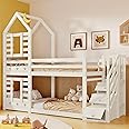 LTGB Bunk Bed with Storage, Children Cabin Bed Single Bed with Window for Kids, Twin Sleeper 190x90 cm, Solid Pine Wood, 3FT -White【UK Fast Delivery】