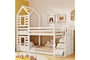 Jtyca Bunk Bed for Kids, Single Cabin Bed with Storage, Twin Sleeper Double Bunk Beds with Window for Children, Solid Pine Wood, 3FT-90 x 190cm, White, (Without Mattress)