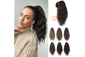 BRIKABIA Ponytail Extension Pferdeschwanzverlängerung Haarteil mit Klammer, Lange Gewellte Lockige Pferdeschwanz Haarteil Clip in Haarverlängerung für Frauen, 40cm, Schwarz Braun