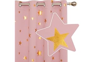 Deconovo Set di 2 tende termiche anti fredde, oscuranti, con occhielli e stelle dorate, design moderno, tende isolanti per il soggiorno dei bambini, 117 x 138 cm, colore: rosa corallo