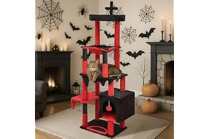 BYBYME Gothic Cat Tree for Halloween, 168cm Tall Sturdy Furniture Set With Bed House, Hanging Toy, Scratching Board Sisal-Covered Posts, Multifunctional Cat Play Tower with Hammock（Black Red）