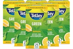 Tetley Lemon Green Tea Bags - Refreshing & Healthy Citrus Blend - Rainforest Alliance Certified - Plant Based Tea Bags - Perfect for a Relaxing Moment - 150 Teabags (6x25 Pack)