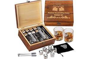 Uauxpe Whiskey Glass Gift Set, Whisky Gift Set, 8 Reusable Whiskey Chilling Stones, 2 Glasses, Handmade Wooden Box, Whiskey Glasses Set of 2, Gift for Men, Dad, Husband, Birthdays, Whiskey Lovers