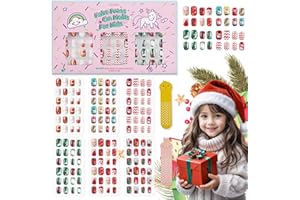 SESEBEE 144Pcs Kids Press on Nails Children Girls Press on Short Artificial Fake Nails No fading Stable Quick Stick on Cute Pre Glue Full Cover Acrylic Nail Tip Kit Gift Kids Nail Decoration (Christmas Style)
