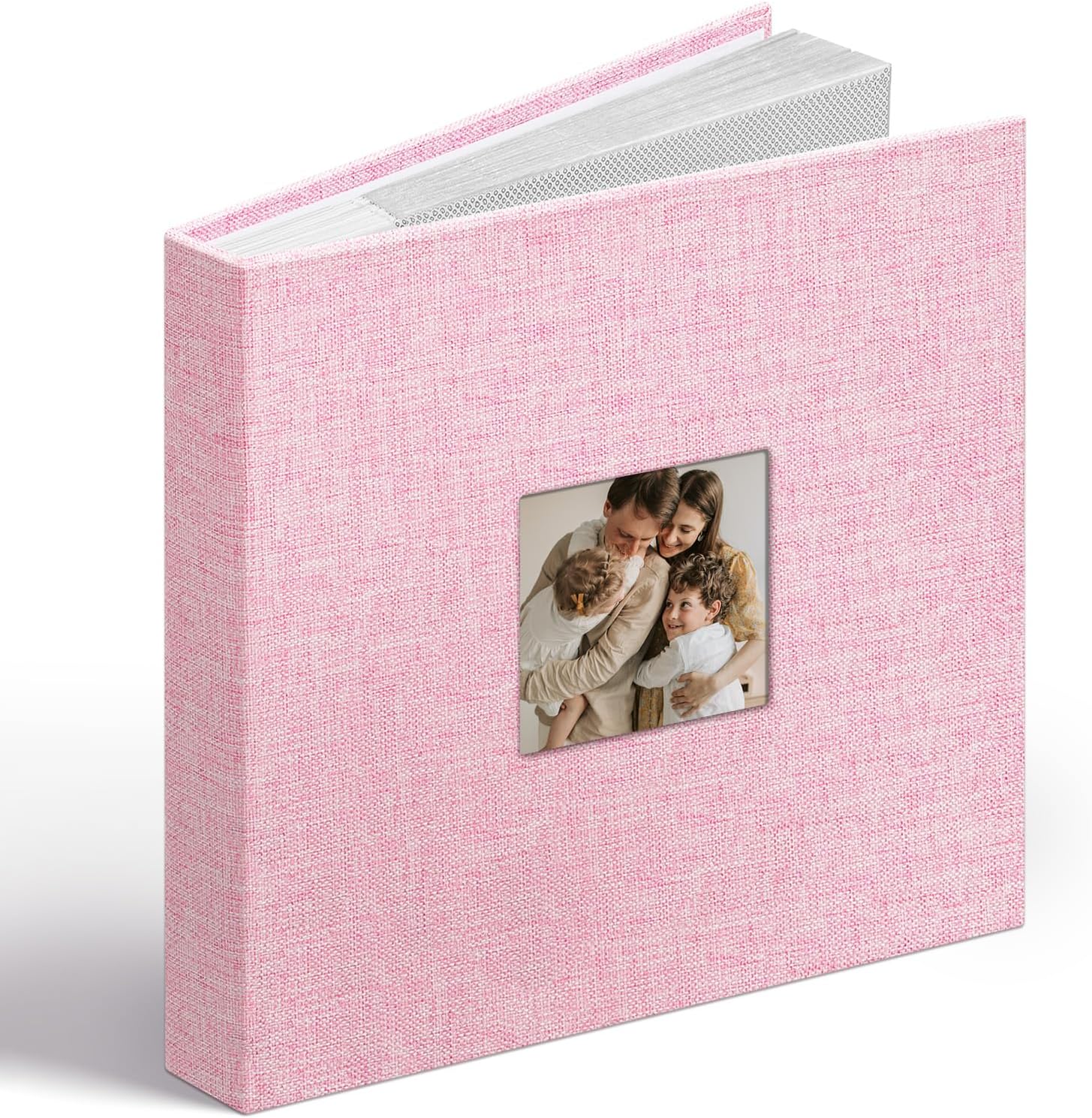 Vienrose Álbum de Fotos Lino 6x4 48 Fotos con Ventana en Portada, Bolsillos Ácido-Free, Álbum de Recuerdos con Espacios para Notas, Regalo para Bodas, Familia, Bebé, Aniversario (Rosa)