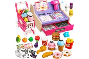 VROGTIK Wooden Toy Cash Register with Scanner Realistic for Kids, Pretend Play & Rich Accessories, Role-Play Gift for Boys Girls Age 4-8 (Purple-Pink)