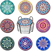 Ablieve Set of 8 Absorbent Ceramic Coasters with Holder- Cork Base,Prevent Furniture from Dirty and Scratched, for Drinks,Cof