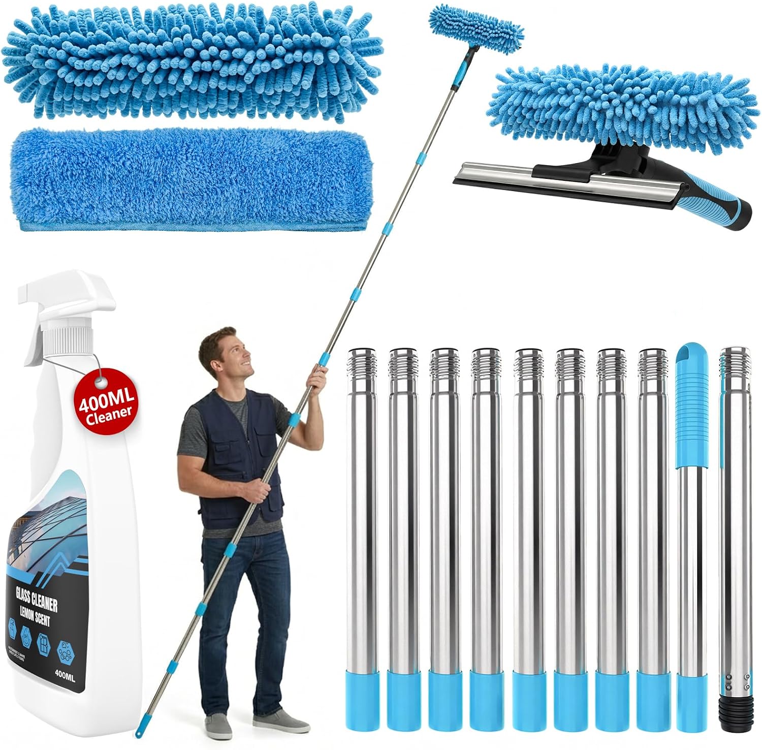 Juego de equipo de limpieza de ventanas de 14,8 pies (4,5 m) incluye limpiador de ventanas de 400 ml y escobilla de goma para ventanas 2 en 1 con poste de limpieza extensible, kit de limpieza de
