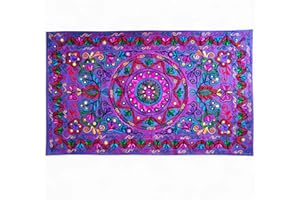 Original Kikan Tapiz rectangular floral Suzani Art con lentejuelas para colgar en la pared, tapiz indio de algodón bordado, corredor étnico boho (púrpura)