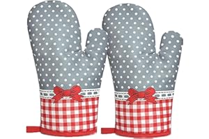 DXIA 1 Pair Kitchen Oven Gloves, Heat Resistant Gauntlet Gloves, with Soft Cotton Lining, for Kitchen Cooking, Baking Grilling Barbecue, Safe BBQ Cooking Baking Grilling (Grey bow)