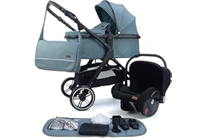 Pixini Carrozzina Nelio 3in1 (incl. seggiolino auto, parapioggia, borsa fasciatoio,...) (nero/menta mistico)
