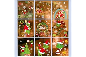 AUAUY Świąteczne naklejki na okna, 8 arkuszy, 116 szt., Grinch Merry Christmas, folia okienna wielokrotnego użytku, folia okienna dla dzieci, dwustronne, statyczne, samoprzylepne naklejki PCW do
