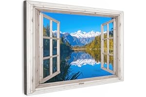 MuchoWow© Impression sur Toile Photo Peinture 60x40 cm Tableau Decoration Murale Chambre Salon Maison Deco Cuisine Vue transparente - Lac - Forêt - Montagnes - Paysage - Trompe l'oeil fenetre