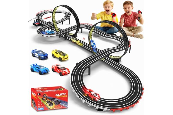 YOOHBERRYS Circuit Voiture Enfant, 1:64 Circuit Voiture Electrique, Extra-Long Piste De Course - 4 LED Voitures, USB, Télécommande, Comptoir, 360° Boucle, Jouets Cadeaux pour Enfant 6-12 Ans (737CM)