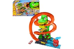 Hot Wheels T-Rex Batalla en llamas Conjunto de pista, conjunto de juego con pista y camión de bomberos metálico de juguete a escala 1:64, 45,72cm de altura, diferentes resultados de carrera, JBM73