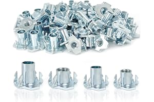 BOLOEST 120pcs Four Pronged T Nuts Kit, Carbon Steel M6/M8 Drive-in Nuts with 4 Drive-In Tips，Barb Claw Nut Threaded Inserts Drive in Tee Nuts for Wood Furniture