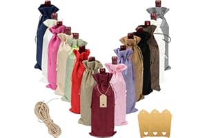GESDYO 15PCS Reusable Burlap Wine Gift Bags with Drawstring Ropes and Tags Elegant Linen Wine Bottle Covers in 15 Assorted Colours for Christmas, Wedding, Birthday and Holiday Gifting