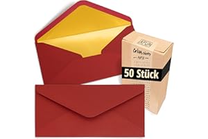 ‎JAPUN Japun – Briefumschläge (50 Stück), Kuvert, Umschlag ohne Fenster - DIN lang - 220 x 110 mm - innen: Gold - Papier-Farbe: rot
