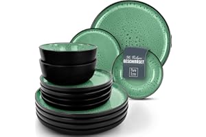 PURE LIVING INTERIOR DESIGN Pure Living 36-częściowy zestaw naczyń obiadowych - Pure Living zestaw naczyń z kamionki, 36-częściowy zestaw naczyń dla 12 osób, morska zieleń