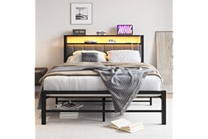 BORPHOM Łóżko tapicerowane 120 x 200 cm, z oświetleniem LED, rama łóżka ze stelażem z metalu, rama łóżka, łóżko metalowe 120 x 200 cm, z zagłówkiem i stacją ładującą, łatwy montaż, podwójne łóżko